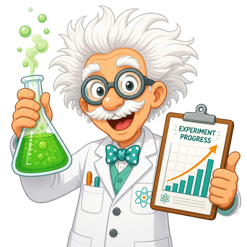 Illustratie van een enthousiaste professor met een erlenmeyer en een voortgangsdiagram